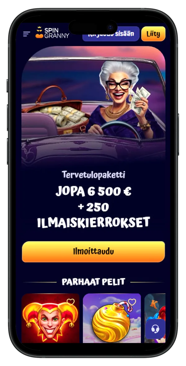 Schermata mobile di SpinGranny con il pacchetto di benvenuto e i giochi in evidenza